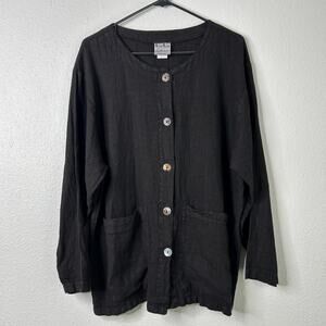 C.C. Collection Linen Button Up Shirt Jacket Black Long Sleeve Pockets Size L
